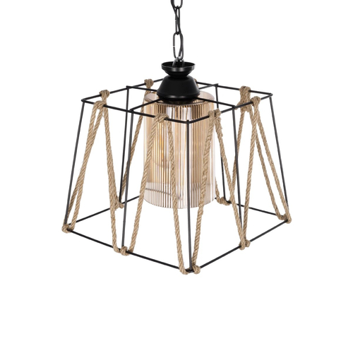 GloboStar® GATSBY 203-0007 Vintage Κρεμαστό Φωτιστικό Σχοινί Μονόφωτο 1 x E27 IP20 Μαύρο Μέταλλο με Μπεζ Σχοινί - Μ25 x Π25 x Υ25cm