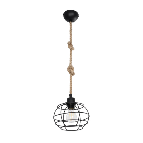 GloboStar® TALAH 203-0008 Vintage Κρεμαστό Φωτιστικό Σχοινί Μονόφωτο 1 x E27 IP20 Μαύρο Μέταλλο με Μπεζ Σχοινί - Μ20 x Π20 x Υ20cm
