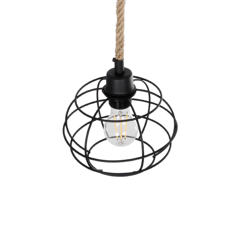 GloboStar® TALAH 203-0008 Vintage Κρεμαστό Φωτιστικό Σχοινί Μονόφωτο 1 x E27 IP20 Μαύρο Μέταλλο με Μπεζ Σχοινί - Μ20 x Π20 x Υ20cm