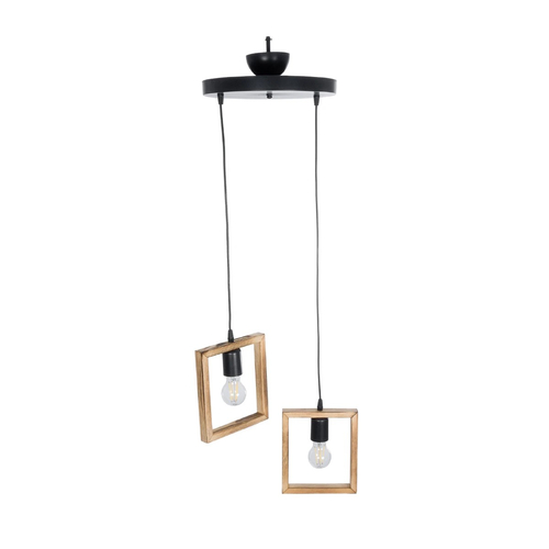 GloboStar® EDISON 203-0021 Vintage Κρεμαστό Φωτιστικό Ανάρτηση Δίφωτο 2 x E27 IP20 Μπεζ Ξύλο - Μ40 x Π20 x Υ45cm