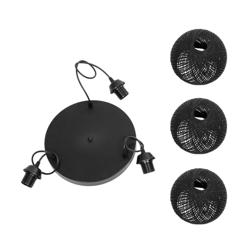 GloboStar® YASAM 203-0022 Vintage Κρεμαστό Φωτιστικό Πλέγμα Τρίφωτο 3 x E27 IP20 Μαύρο Ρατάν - Μ42 x Π42 x Υ54cm