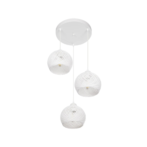 GloboStar® YASAM 203-0023 Vintage Κρεμαστό Φωτιστικό Πλέγμα Τρίφωτο 3 x E27 IP20 Λευκό Ρατάν - Μ42 x Π42 x Υ54cm