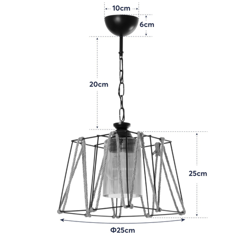 GloboStar® GATSBY 203-0007 Vintage Κρεμαστό Φωτιστικό Σχοινί Μονόφωτο 1 x E27 IP20 Μαύρο Μέταλλο με Μπεζ Σχοινί - Μ25 x Π25 x Υ25cm