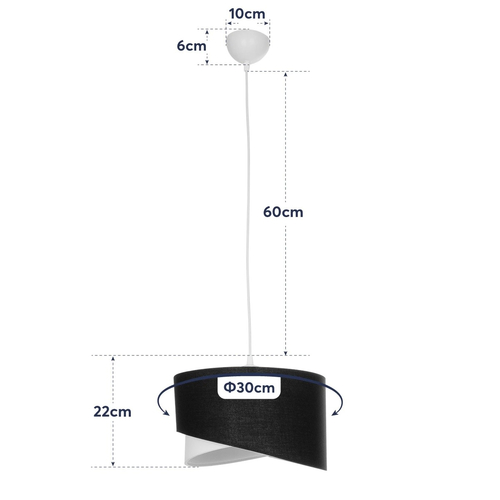 GloboStar® LILI 203-0176 Μοντέρνο Κρεμαστό Φωτιστικό Καπέλο Μονόφωτο 1 x E27 IP20 Μαύρο & Λευκό Ύφασμα - Μ38 x Π38 x Υ95cm