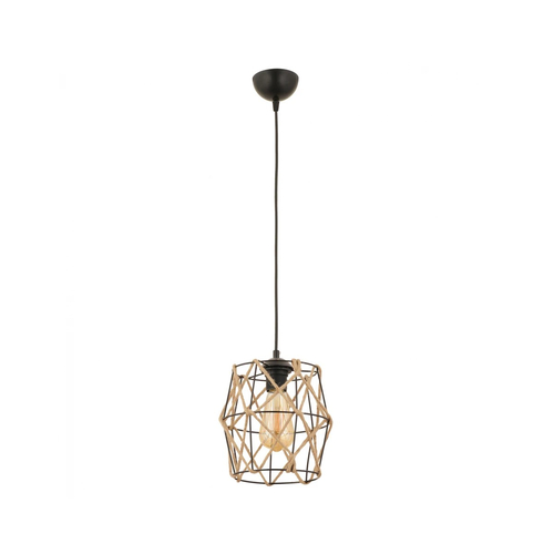 GloboStar® SOLON 201-0088 Vintage Κρεμαστό Φωτιστικό Πλέγμα Μονόφωτο 1 x E27 IP20 Μαύρο Μέταλλο με Μπεζ Σχοινί -  Μ22 x Π22 x Υ86cm