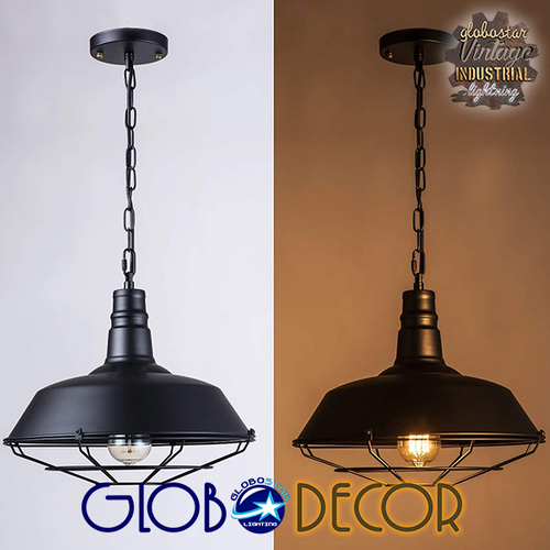 GloboStar® BARN 01048 Vintage Κρεμαστό Φωτιστικό Καμπάνα Μονόφωτο 1 x E27 IP20 Μαύρο Μέταλλο - Μ46 x Π46 x Υ25cm