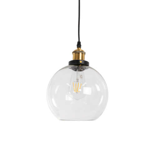 GloboStar® WICKHAM 01170 Vintage Κρεμαστό Φωτιστικό Μπάλα Μονόφωτο 1 x E27 IP20 Διάφανο Γυαλί με Μαύρο & Χρυσό Μέταλλο - Μ20 x Π20 x Y25cm