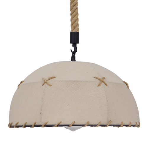 GloboStar® ANTOINETTE 01028 Vintage Κρεμαστό Φωτιστικό Καμπάνα Μονόφωτο 1 x E27 IP20 Μπεζ Σχοινί με Μπεζ Ύφασμα - Μ35 x Π35 x Υ20cm