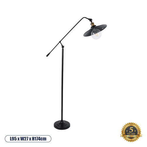 GloboStar® WYNGE 01101 Vintage Επιδαπέδιο Φωτιστικό Μονόφωτο 1 x E27 IP20 Μαύρο & Χρυσό Μέταλλο - Μ95 x Π27 x Υ174cm