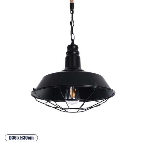 GloboStar® CRANE 01109 Vintage Κρεμαστό Φωτιστικό Καμπάνα Μονόφωτο 1 x E27 IP20 Μαύρο Μέταλλο με Μπεζ Σχοινί - Μ36 x Π36 x Υ30cm