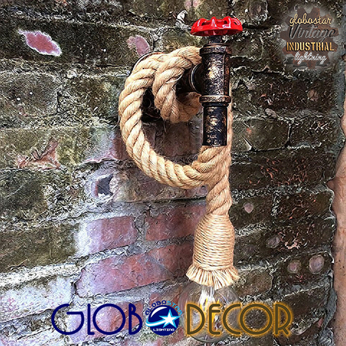 GloboStar® TROUVER 01183 Vintage Επιτοίχιο Φωτιστικό Απλίκα Μονόφωτο 1 x E27 IP20 Μπρούτζινο & Κόκκινο Μέταλλο με Μπεζ Σχοινί Μ14.5 x Π3.3 x Υ16cm