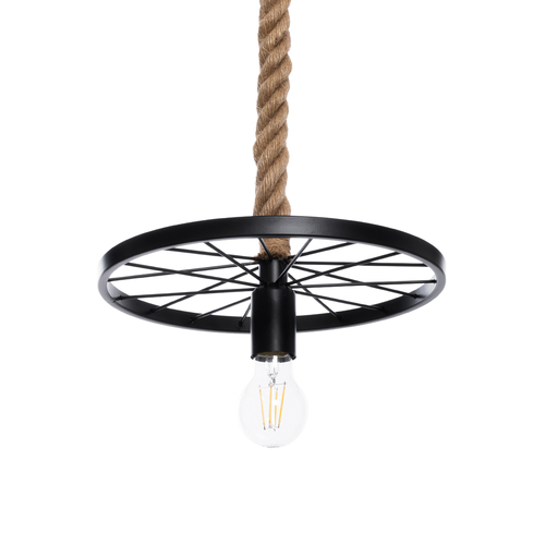 GloboStar® VELO 01185 Vintage Κρεμαστό Φωτιστικό Ανάρτηση Μονόφωτο 1 x E27 IP20 Μαύρο Μέταλλο με Μπεζ Σχοινί - Μ30 x Π30 x Υ12cm
