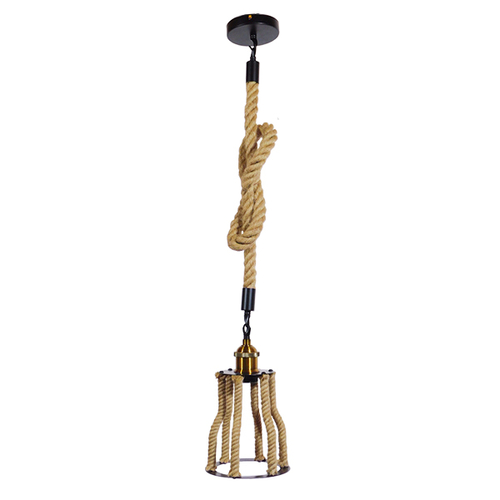 GloboStar® LANTERN 01186 Vintage Κρεμαστό Φωτιστικό Ανάρτηση Μονόφωτο 1 x E27 IP20 Μαύρο & Χρυσό Μέταλλο με Μπεζ Σχοινί - Μ15 x Π15 x Υ24cm
