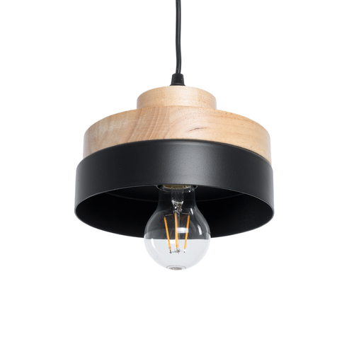GloboStar® RUHIEL 01233 Μοντέρνο Κρεμαστό Φωτιστικό Καμπάνα Μονόφωτο 1 x E27 IP20 Μαύρο Μέταλλο με Μπεζ Ξύλο - Μ18 x Π18 x Υ12cm