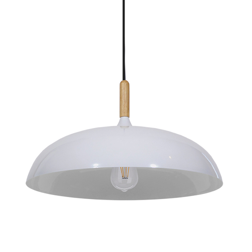 GloboStar® VALLETE 01256 Μοντέρνο Κρεμαστό Φωτιστικό Καμπάνα Μονόφωτο 1 x E27 IP20 Λευκό Μέταλλο με Μπεζ Ξύλο - Μ45 x Π45 x Υ27cm