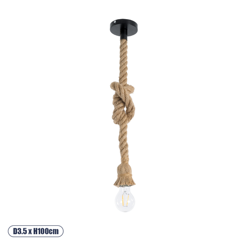 GloboStar® ROPE 01278 Vintage Κρεμαστό Φωτιστικό Ανάρτηση Μονόφωτο 1 x E27 IP20 Μπεζ Σχοινί - Μ3.5 x Π3.5 x Y100cm