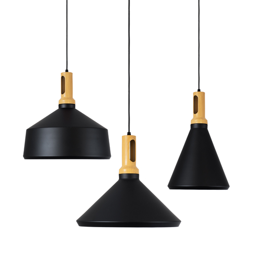 GloboStar® CALYPSO 01334 Μοντέρνο Κρεμαστό Φωτιστικό Καμπάνα Σετ Τρίφωτο 3 x E27 Μαύρο & Χρυσό Μέταλλο με Μπεζ Ξύλο - Μ110 x Π110 x Υ35cm