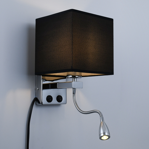 GloboStar® ELEGANT 01494 Μοντέρνο Επιτοίχιο Φωτιστικό Απλίκα με LED Βραχίονα Δίφωτο 1 x E27 IP20 Μαύρο Ύφασμα με Ασημί Μέταλλο - Μ17 x Π21 x Υ43cm