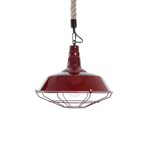 GloboStar® CRANE 01410 Vintage Κρεμαστό Φωτιστικό Μονόφωτο Καμπάνα 1 x E27 IP20 Μπορντό Κόκκινο & Λευκό Μεταλλο με Μπεζ Σχοινί - Μ36 x Π36 x Y31cm