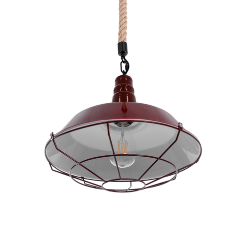 GloboStar® CRANE 01410 Vintage Κρεμαστό Φωτιστικό Μονόφωτο Καμπάνα 1 x E27 IP20 Μπορντό Κόκκινο & Λευκό Μεταλλο με Μπεζ Σχοινί - Μ36 x Π36 x Y31cm