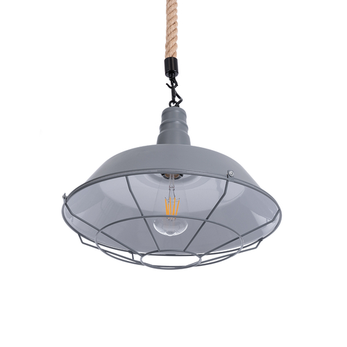 GloboStar® CRANE 01411 Vintage Κρεμαστό Φωτιστικό Μονόφωτο Καμπάνα 1 x E27 IP20 Γκρι & Λευκό Μέταλλο με Μπεζ Σχοινί - Μ36 x Π36 x Y31cm