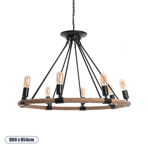 GloboStar® MILLBANK 01423 Vintage Κρεμαστό Φωτιστικό Πλέγμα Πολύφωτο 8 x E27 IP20 Μαύρο Μέταλλο με Μπεζ Σχοινί - Μ80 x Π80 x Y54cm GloboStar® MILLBANK 01423 Vintage Κρεμαστό Φωτιστικό Πλέγμα Πολύφωτο 8 x E27 IP20 Μαύρο Μέταλλο με Μπεζ Σχοινί - Μ80 x Π80 x Y54cm