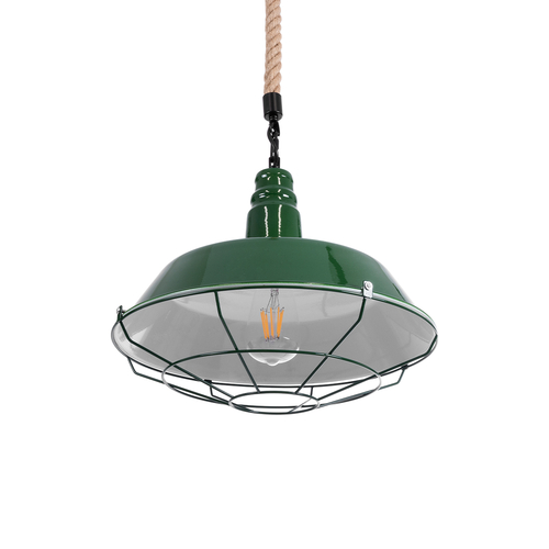 GloboStar® CRANE 01408 Vintage Κρεμαστό Φωτιστικό Μονόφωτο Καμπάνα 1 x E27 IP20 Πράσινο & Λευκό Μέταλλο με Μπεζ Σχοινί - Μ36 x Π36 x Y31cm