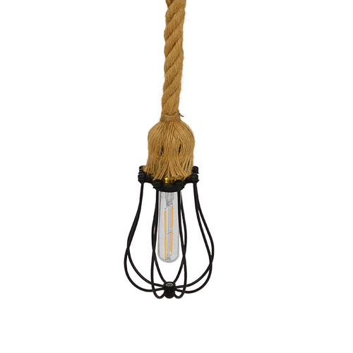 GloboStar® CAMBER 01594 Vintage Κρεμαστό Φωτιστικό Πλέγμα Μονόφωτο 1 x E27 IP20 Μαύρο Μέταλλο με Μπεζ Σχοινί - Μ11 x Π11 x Υ25cm