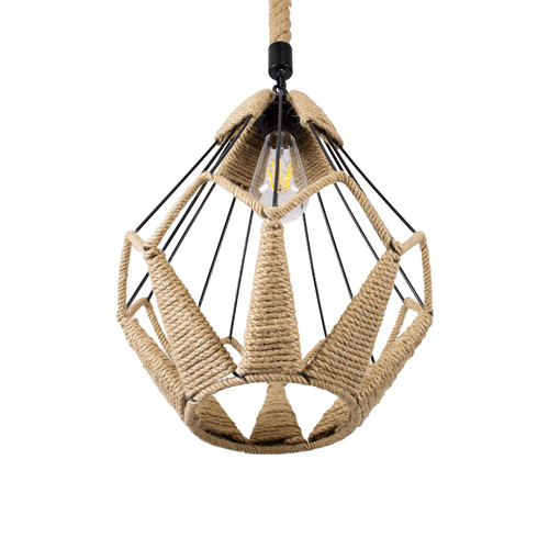 GloboStar® CONICAL 01617 Vintage Κρεμαστό Φωτιστικό Πλέγμα Μονόφωτο 1 x E27 IP20 Μαύρο Μέταλλο με Μπεζ Σχοινί - Μ30 x Π30 x Υ40cm