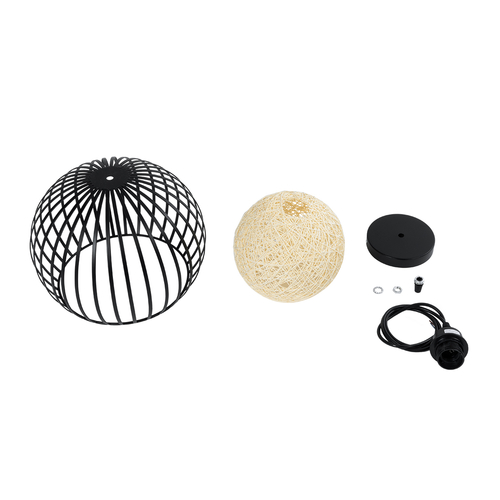 GloboStar® CARTER 00960 Μοντέρνο Κρεμαστό Φωτιστικό Πλέγμα Μονόφωτο 1 x E27 IP20 Μαύρο Μέταλλο με Μπεζ Σχοινί - Μ28 x Π28 x Υ23cm