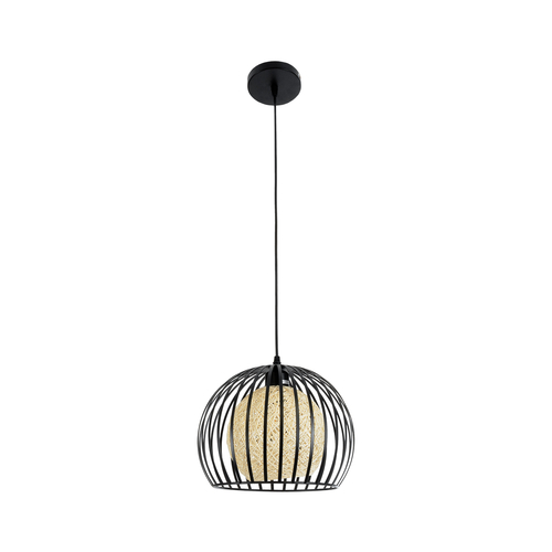 GloboStar® CARTER 00960 Μοντέρνο Κρεμαστό Φωτιστικό Πλέγμα Μονόφωτο 1 x E27 IP20 Μαύρο Μέταλλο με Μπεζ Σχοινί - Μ28 x Π28 x Υ23cm
