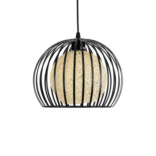 GloboStar® CARTER 00960 Μοντέρνο Κρεμαστό Φωτιστικό Πλέγμα Μονόφωτο 1 x E27 IP20 Μαύρο Μέταλλο με Μπεζ Σχοινί - Μ28 x Π28 x Υ23cm