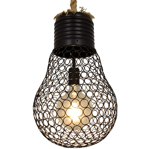 GloboStar® URBAN 01522 Vintage Κρεμαστό Φωτιστικό Πλέγμα Μονόφωτο 1 x E27 IP20 Μαύρο Μέταλλο με Μπεζ Σχοινί - Μ28 x Π28 x Υ40cm