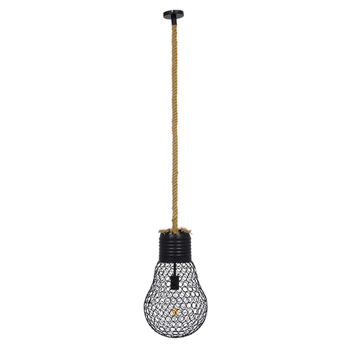 GloboStar® URBAN 01522 Vintage Κρεμαστό Φωτιστικό Πλέγμα Μονόφωτο 1 x E27 IP20 Μαύρο Μέταλλο με Μπεζ Σχοινί - Μ28 x Π28 x Υ40cm