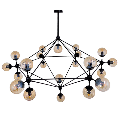 GloboStar® SENTINEL 01638 Μοντέρνο Φωτιστικό Οροφής Πλέγμα Πολύφωτο 21 x E27 IP20 Μαύρο Μέταλλο με μελί Γυαλί - Μ170 x Π170 x Υ136cm
