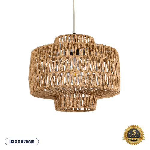 GloboStar® JENSON 00909 Boho Κρεμαστό Φωτιστικό Πλέγμα Μονόφωτο 1 x E27 IP20 Μπεζ Σχοινί - Μ33 x Π33 x Y35cm