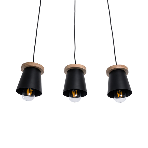 GloboStar® LANA 01425 Μοντέρνο Κρεμαστό Φωτιστικό Κύλινδρος Τρίφωτο 3 x E27 IP20 Μαύρο Μέταλλο με Καρυδί Ξύλο - Μ60 x Π13 x Υ18cm