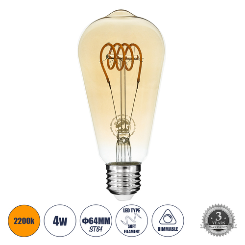 GloboStar® 99141 Λάμπα LED Soft T Spiral Filament E27 ST64 Αχλάδι 4W 280lm 360° AC 220-240V IP20 Φ6.4 x Υ14cm Ultra Θερμό Λευκό 2200K με Μελί Γυαλί Dimmable - 3 Χρόνια Εγγύηση