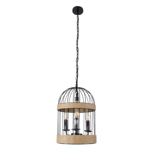 GloboStar® MERLIN 00865 Vintage Κρεμαστό Φωτιστικό Πλέγμα Τρίφωτο 3 x E14 IP20 Μαύρο Μέταλλο με Μπεζ Σχοινί - Μ28 x Π28 x Υ40cm