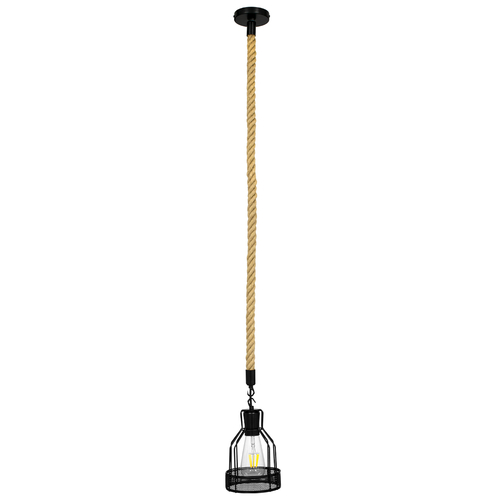 GloboStar® MASON 00881 Vintage Κρεμαστό Φωτιστικό Ανάρτηση Μονόφωτο 1 x E27 IP20 Μαύρο Μέταλλο με Μπεζ Σχοινί - Μ15 x Π15 x Υ24cm