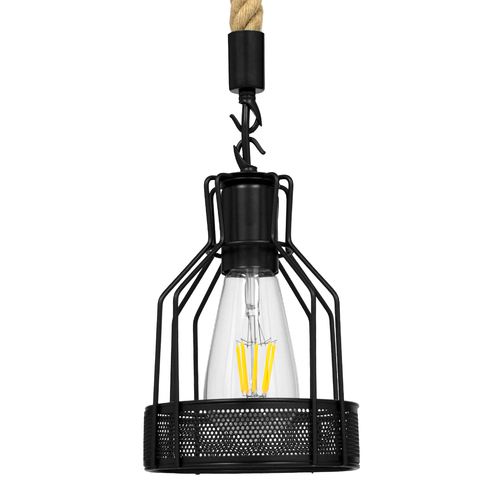 GloboStar® MASON 00881 Vintage Κρεμαστό Φωτιστικό Ανάρτηση Μονόφωτο 1 x E27 IP20 Μαύρο Μέταλλο με Μπεζ Σχοινί - Μ15 x Π15 x Υ24cm