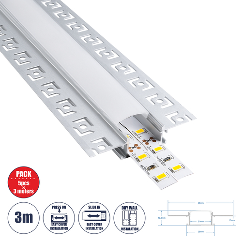 GloboStar® PLASTERBOARD-PROFILE 70819-3M Προφίλ Αλουμινίου - Βάση & Ψύκτρα Ταινίας LED με Λευκό Γαλακτερό Κάλυμμα - Χωνευτή Χρήση σε Γυψοσανίδα - Trimless - Πατητό Κάλυμμα - Ασημί - 3 Μέτρα - Πακέτο 5 Τεμαχίων - Μ300 x Π6.7 x Υ1.4cm