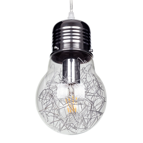 GloboStar® LAMP 01676 Μοντέρνο Κρεμαστό Φωτιστικό Φιγούρα Μονόφωτο 1 x E27 IP20 Ασημί Μέταλλο με Διάφανο Γυαλί - Μ15 x Π15 x Υ27cm