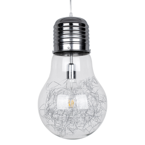 GloboStar® LAMP 01677 Μοντέρνο Κρεμαστό Φωτιστικό Φιγούρα Μονόφωτο 1 x E27 IP20 Ασημί Μέταλλο με Διάφανο Γυαλί - Μ30 x Π30 x Υ52cm