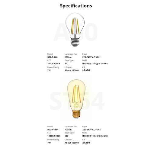 GloboStar® 80027 SONOFF B02-F-A60-R2 - Wi-Fi Smart LED Filament Bulb E27 A60 7W 806lm AC 220-240V CCT Change from 2200K to 6500K Dimmable