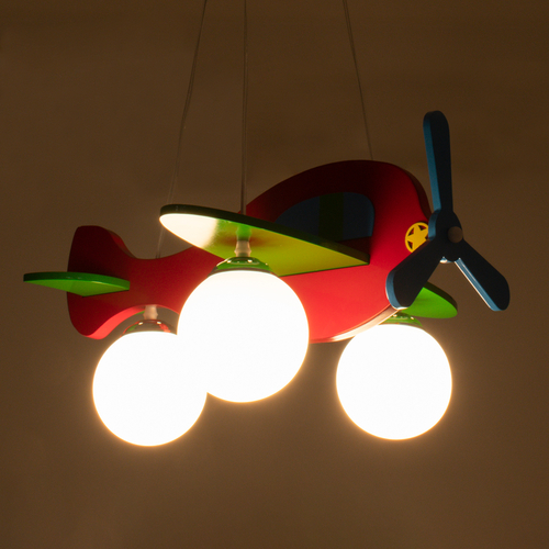 GloboStar® AIRPLANE 01575 Παιδικό Κρεμαστό Φωτιστικό Φιγούρα Τρίφωτο 3 x E27 IP20 Πολύχρωμο Ξύλο με Λευκό Γυαλί - Μ51 x Π49 x Υ26cm