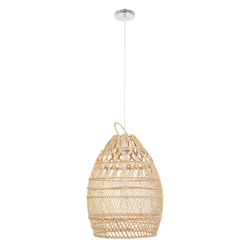 GloboStar® TAHITI 00710 Boho Κρεμαστό Φωτιστικό Πλέγμα Μονόφωτο 1 x E27 IP20 Μπεζ Ξύλο - Μ38 x Π38 x Υ50cm