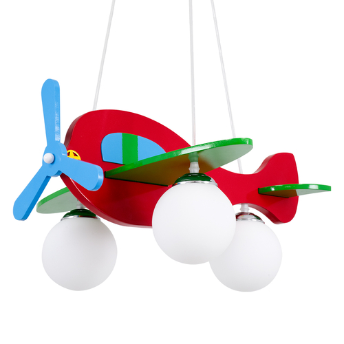 GloboStar® AIRPLANE 01575 Παιδικό Κρεμαστό Φωτιστικό Φιγούρα Τρίφωτο 3 x E27 IP20 Πολύχρωμο Ξύλο με Λευκό Γυαλί - Μ51 x Π49 x Υ26cm