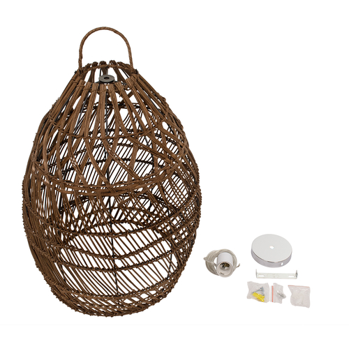 GloboStar® TAHITI 00711 Boho Κρεμαστό Φωτιστικό Πλέγμα Μονόφωτο 1 x E27 IP20 Καφέ Ξύλο - Μ38 x Π38 x Υ50cm