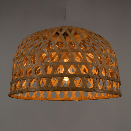 GloboStar® MANGEA 00716 Boho Κρεμαστό Φωτιστικό Πλέγμα Μονόφωτο 1 x E27 IP20 Μπέζ Ξύλο - Μ50 x Π50 x Υ34cm